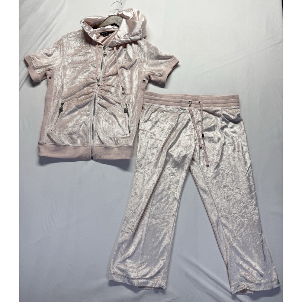 BCBGMaxzaria Velvet Tracksuit Womens Large Light Pink Rhinestone Full Zip